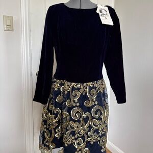 Jessica McClintock Navy Velvet Gold Sequins Long Sleeve Vintage Dress Size 14